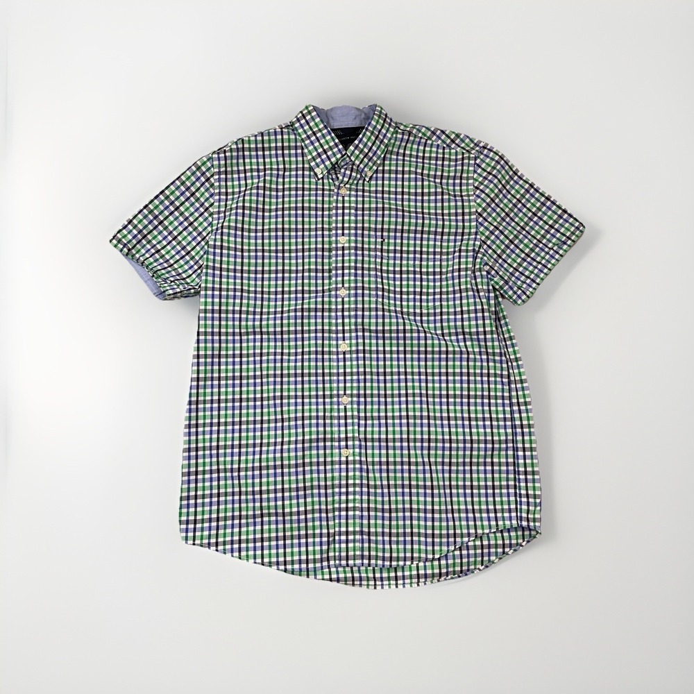 Tommy Hilfiger Blue Plaid Button Up‎ Shirt Large L Blue Green
